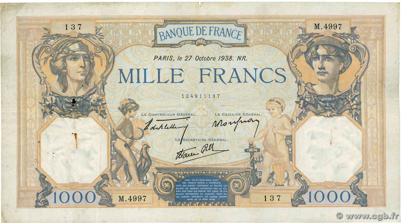 1000 Francs CÉRÈS ET MERCURE type modifié FRANCE 1938 F.38.31 TB+