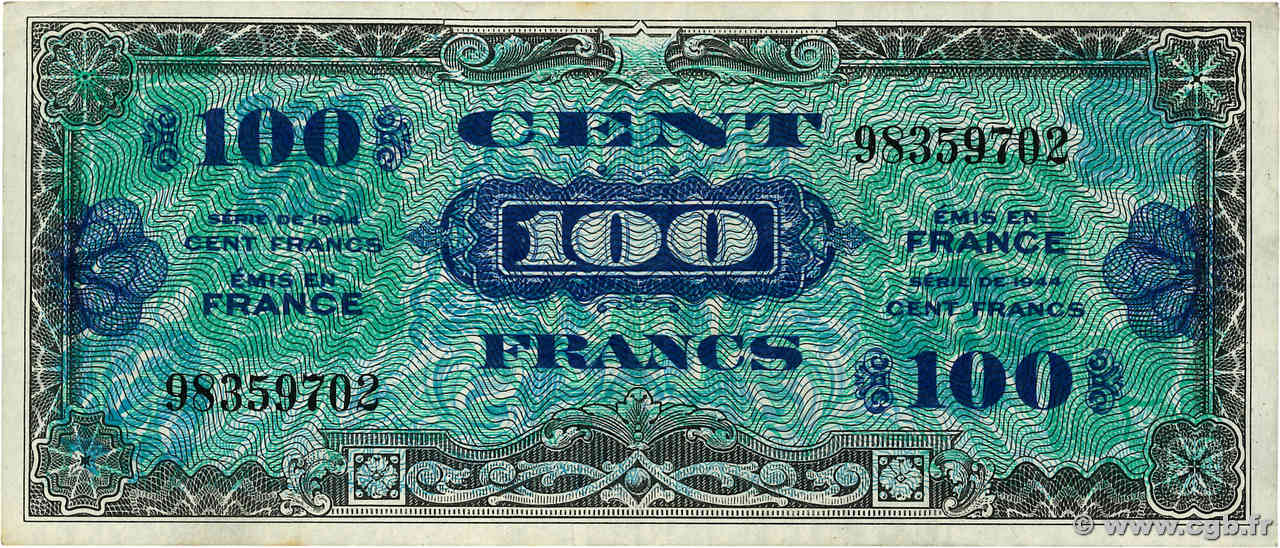100 Francs DRAPEAU FRANCE 1944 VF.20.01 TTB+