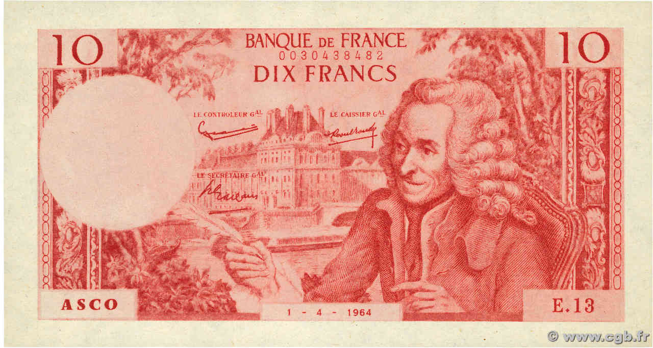 10 Francs Voltaire Scolaire FRANCE regionalism and miscellaneous 1964 F.(62) UNC-