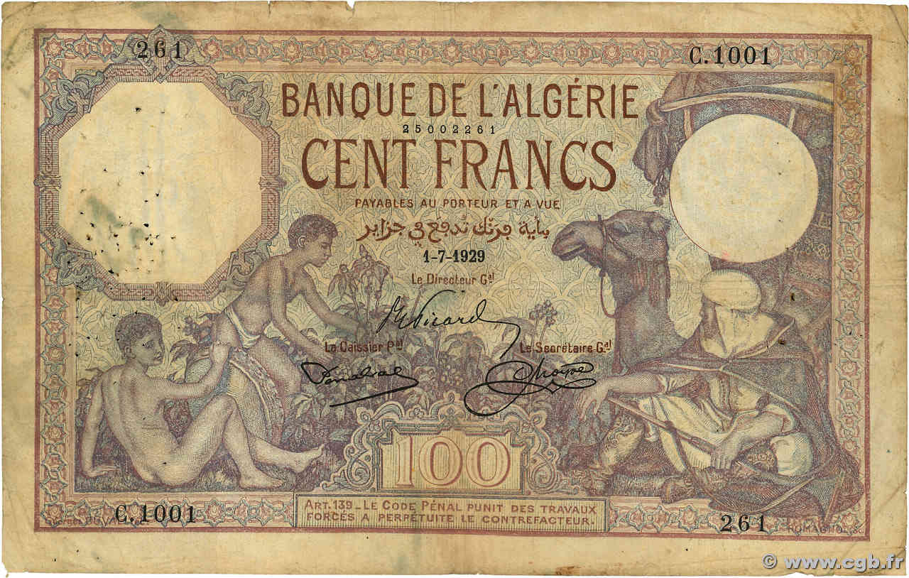 100 Francs ALGERIEN 1929 P.081b fS