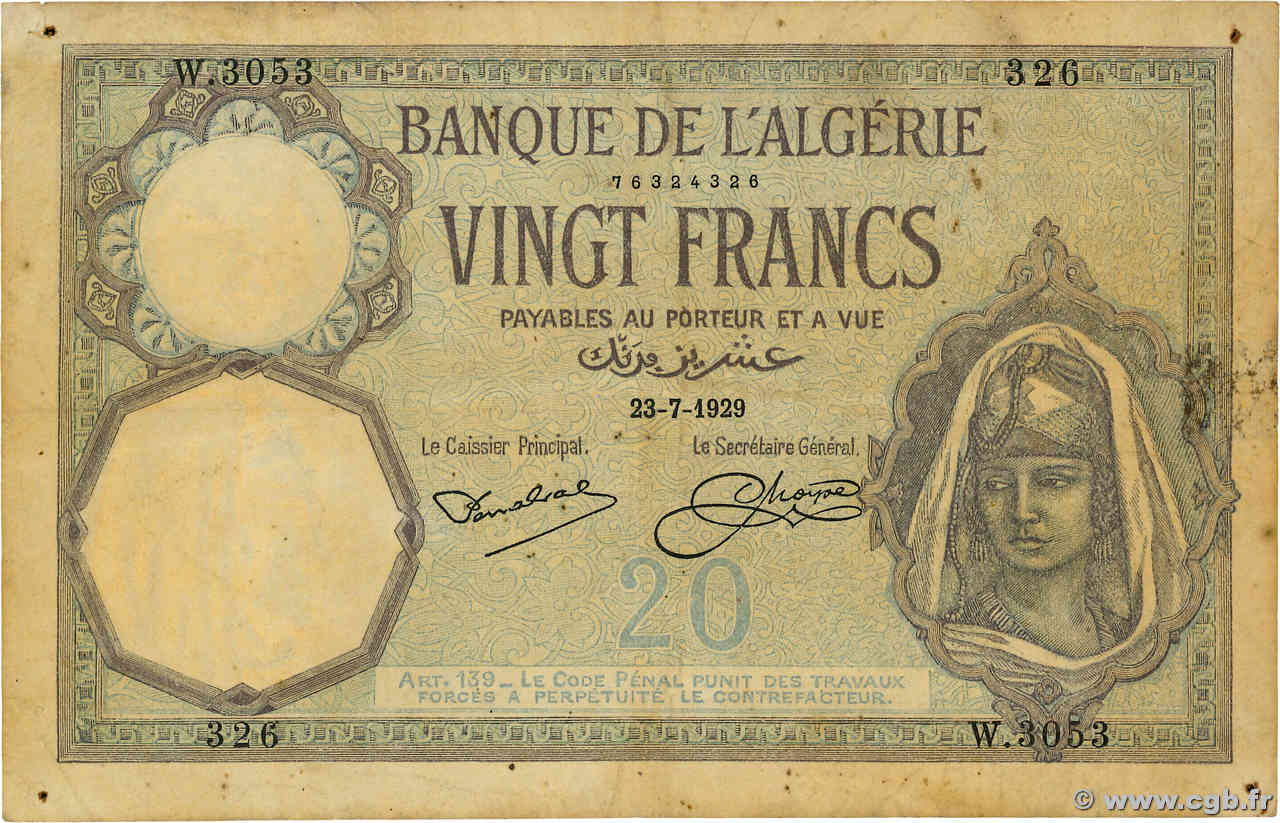 20 Francs ALGERIEN 1929 P.078b S