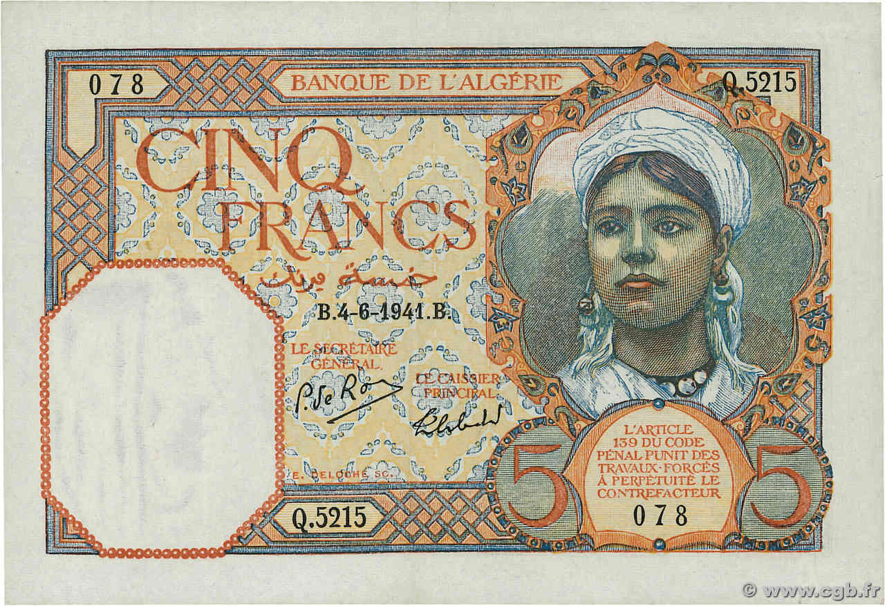 5 Francs ALGERIEN 1941 P.077b VZ