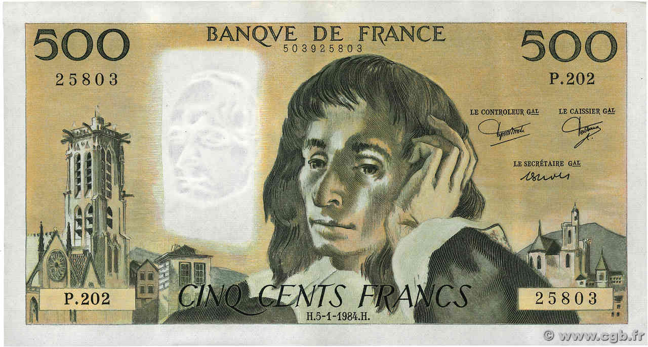 500 Francs PASCAL FRANKREICH 1984 F.71.30 VZ