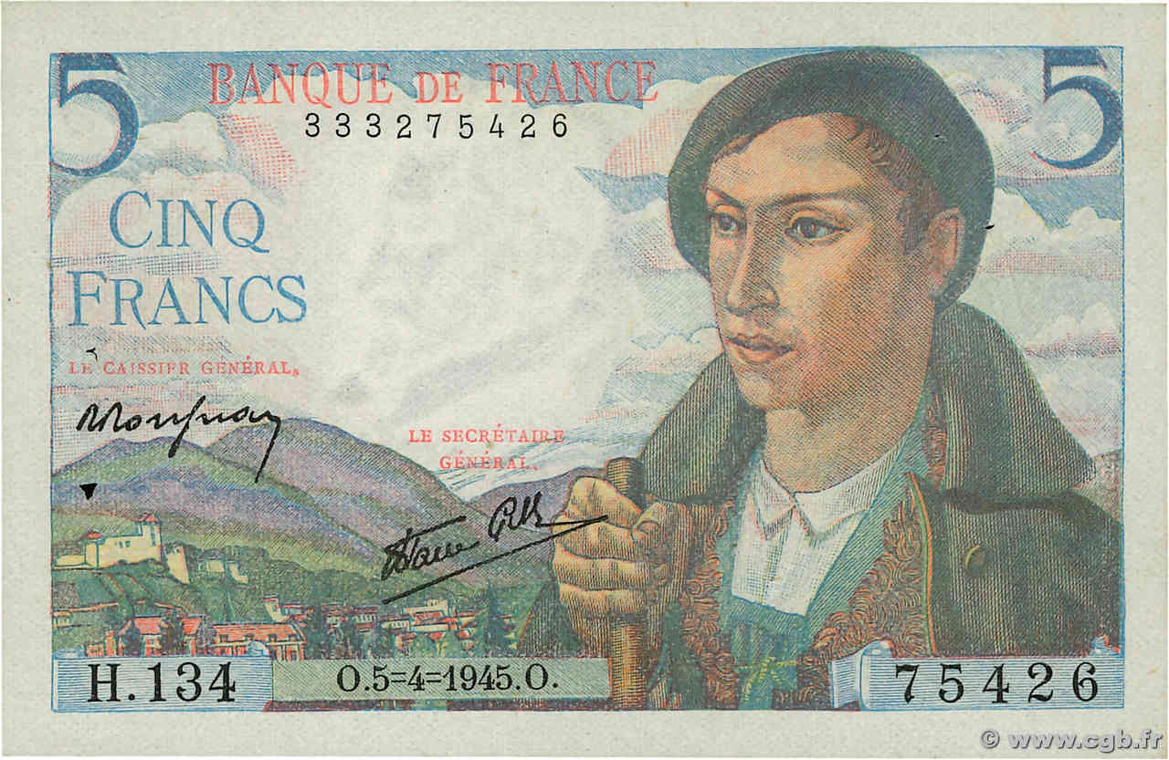 5 Francs BERGER FRANKREICH 1945 F.05.06 VZ