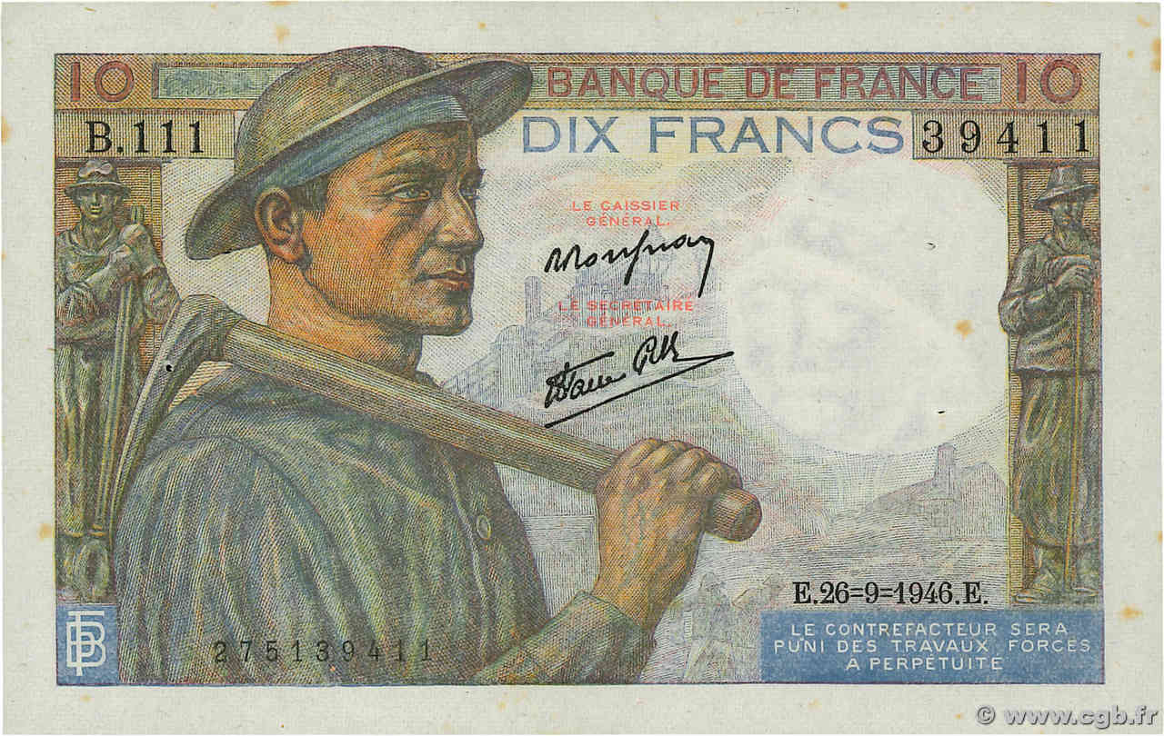 10 Francs MINEUR FRANKREICH 1946 F.08.15 VZ