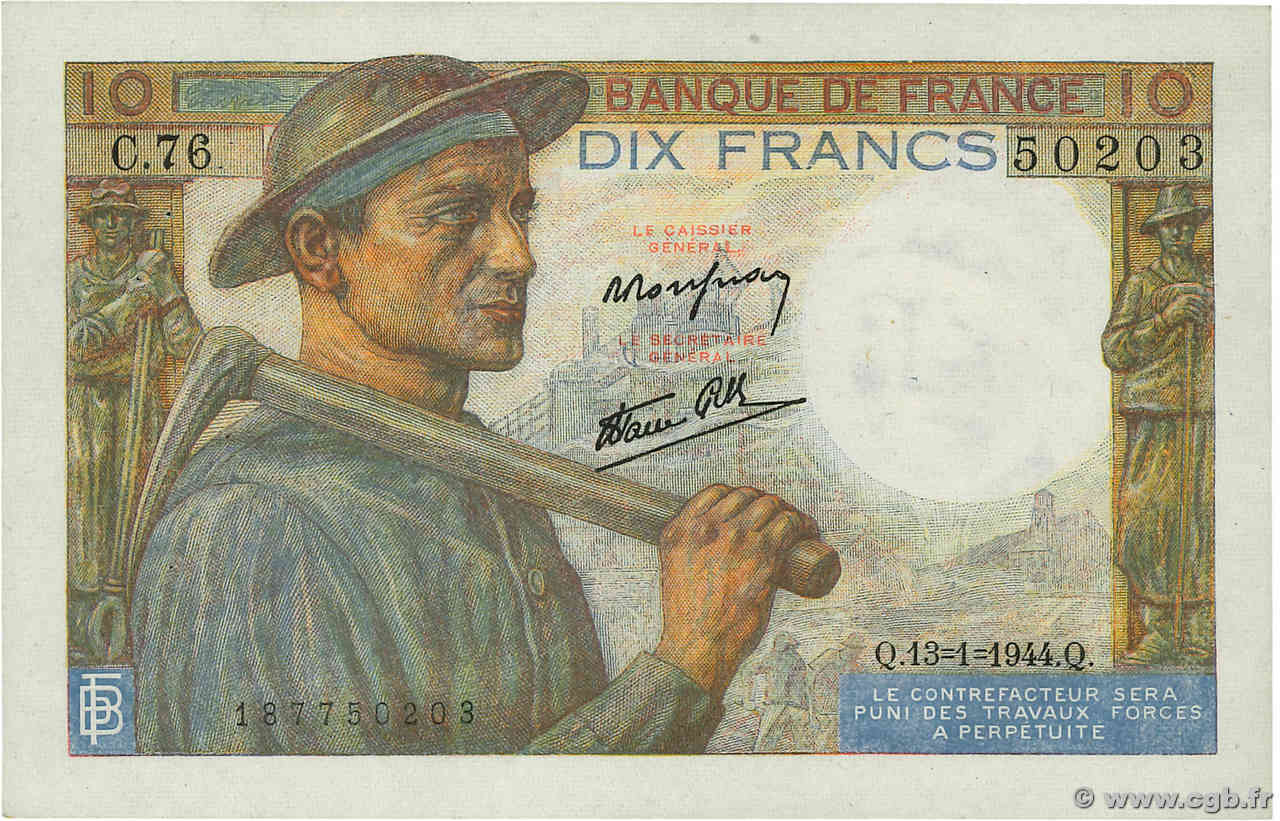 10 Francs MINEUR FRANKREICH 1944 F.08.10 VZ