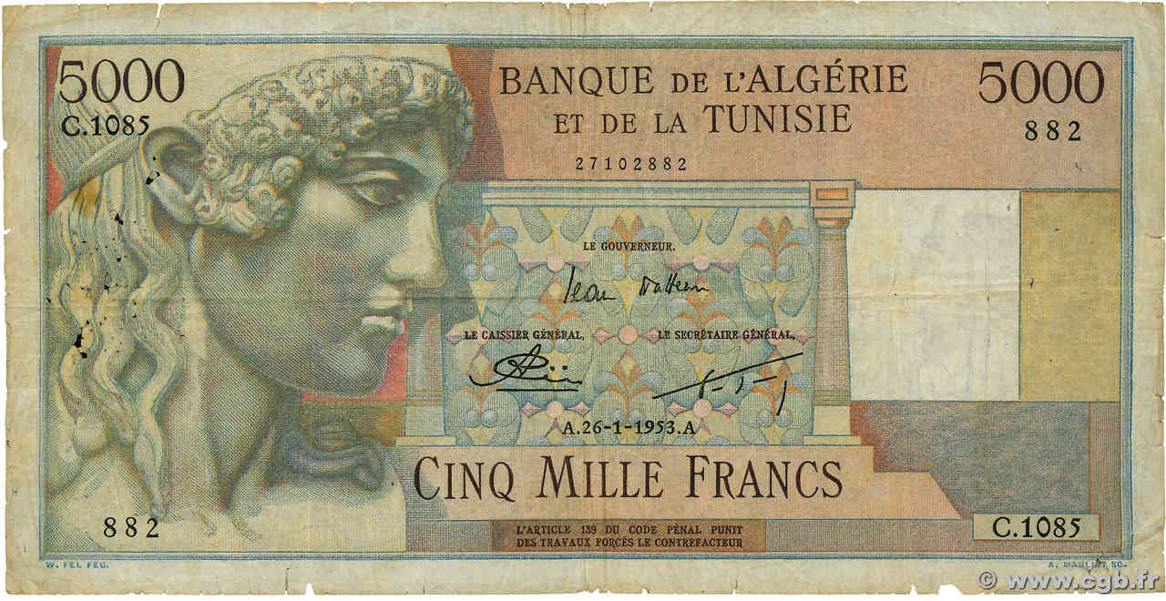5000 Francs ALGERIEN 1953 P.109 fS