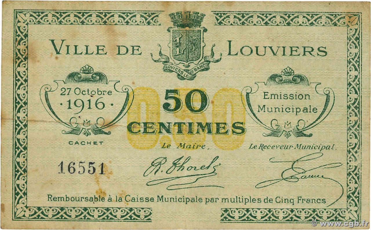 50 Centimes FRANCE régionalisme et divers Louviers 1916 JP.27-22 TTB+