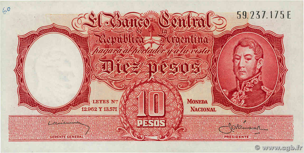 10 Pesos ARGENTINA 1954 P.270a AU+