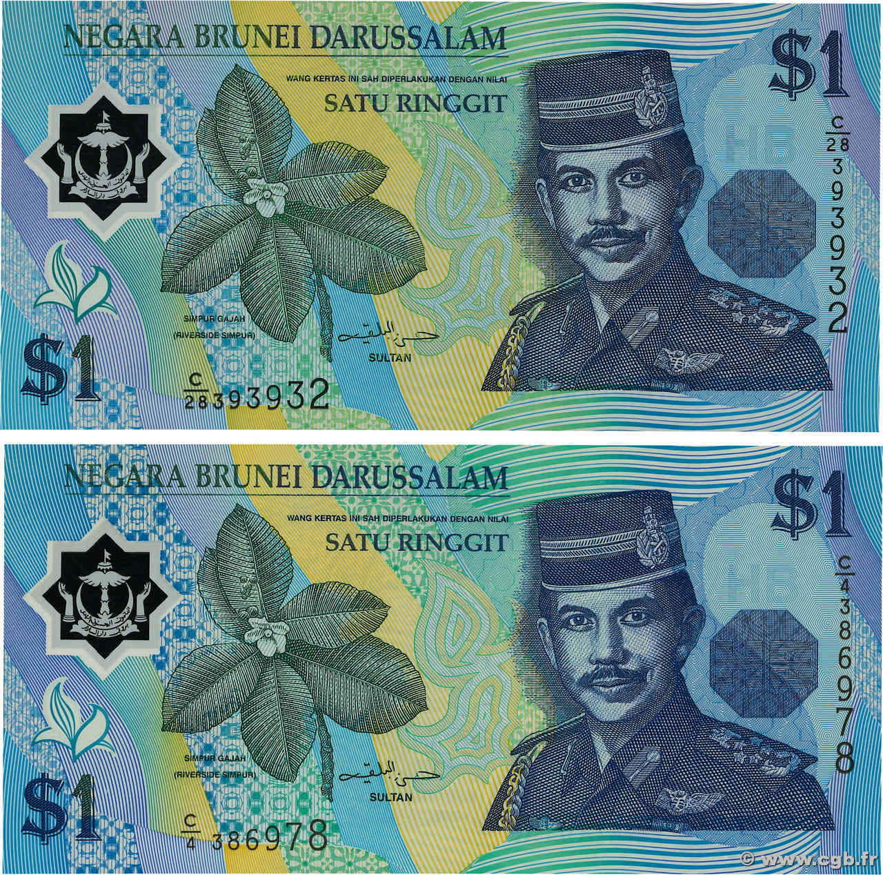 1 Ringgit - 1 Dollar Lot BRUNEI 1996 P.22a et P.22b NEUF