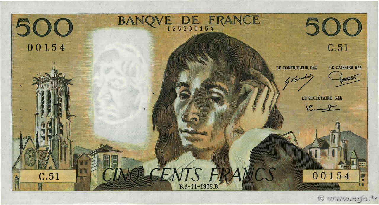 500 Francs PASCAL FRANCE 1975 F.71.13 VF