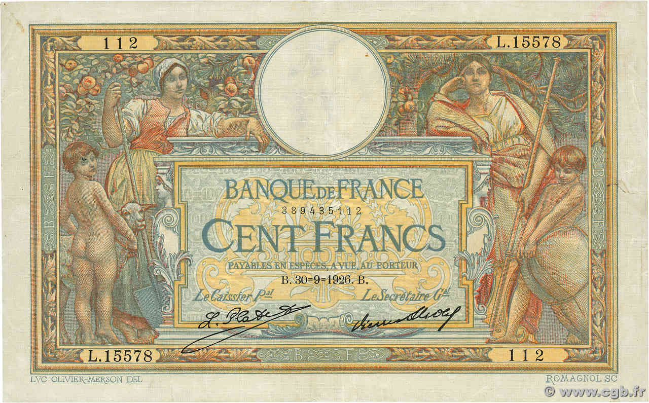 100 Francs LUC OLIVIER MERSON grands cartouches FRANCE 1926 F.24.05 pr.TTB