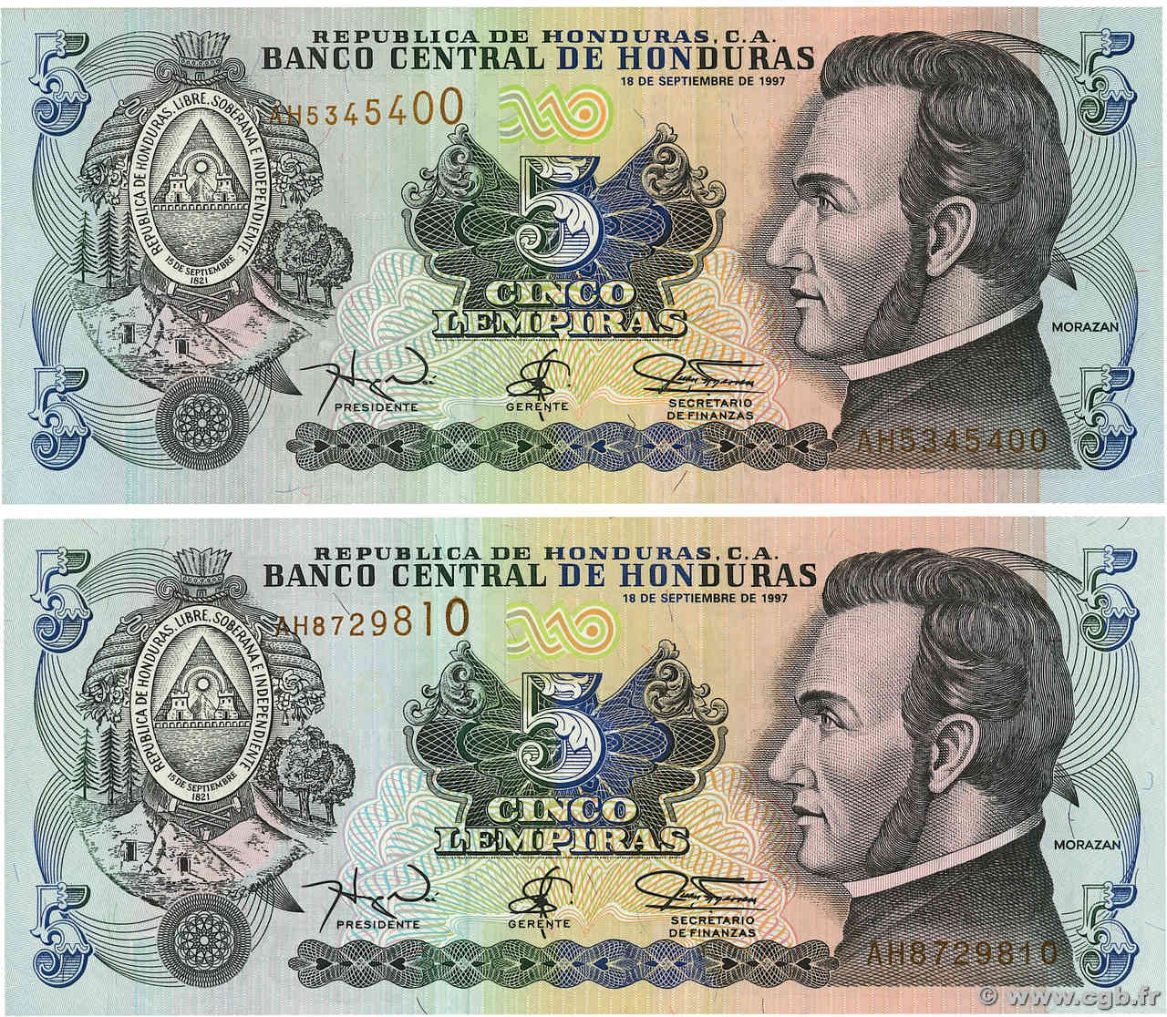 5 Lempiras Lot HONDURAS 1997 P.081b UNC-