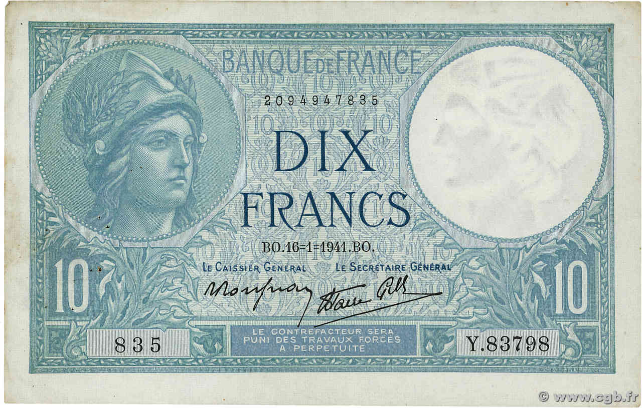 10 Francs MINERVE modifié FRANCE 1941 F.07.28 TTB