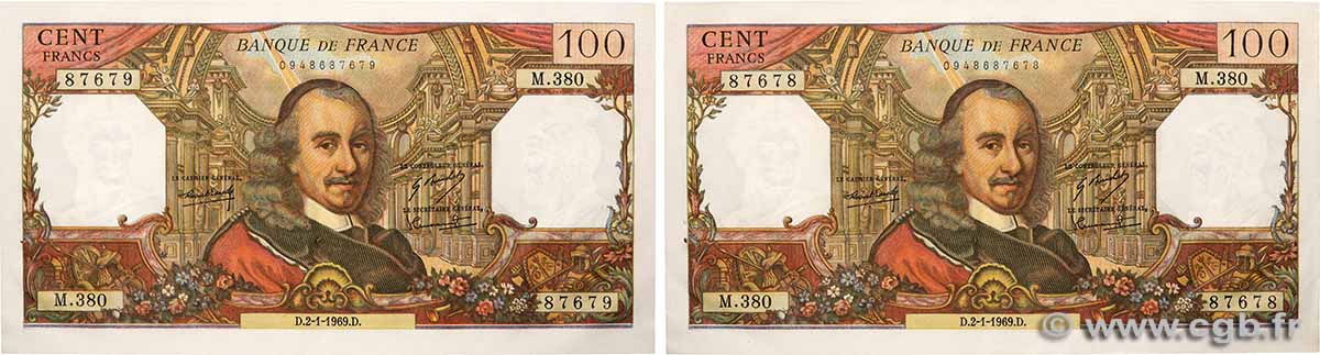 100 Francs CORNEILLE Consécutifs FRANKREICH 1969 F.65.25 VZ+