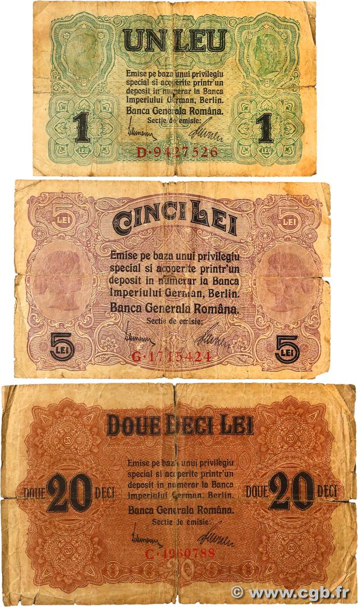 1, 5 et 20 Lei Lot ROUMANIE 1917 P.M03, P.M05 et P.M06 AB
