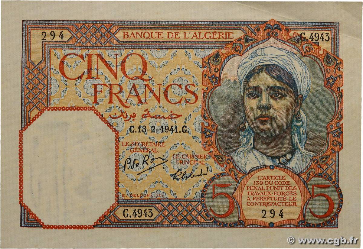 5 Francs ALGÉRIE 1941 P.077b SPL