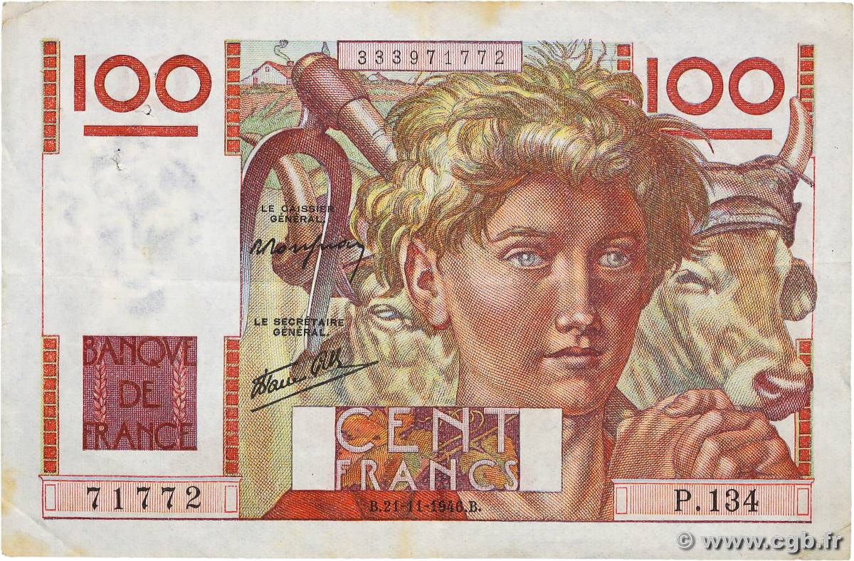 100 Francs JEUNE PAYSAN FRANCIA 1946 F.28.11 MBC+