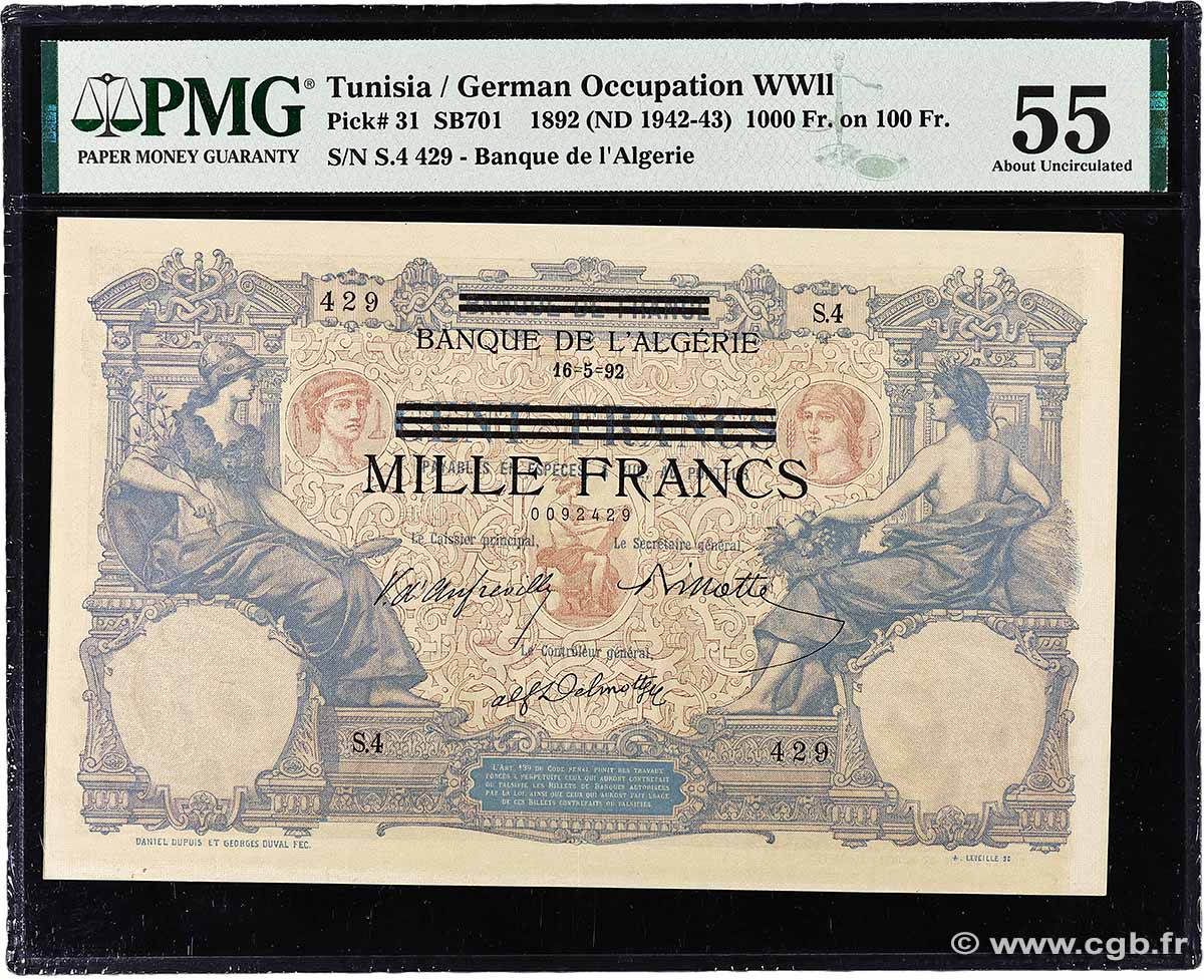 1000 Francs sur 100 Francs TUNESIEN 1942 P.31 fST