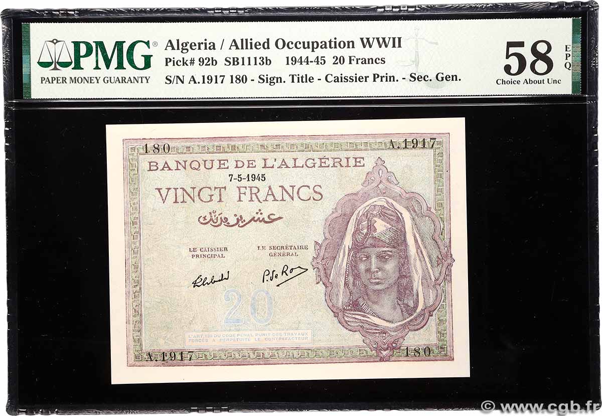20 Francs ALGERIA 1945 P.092b AU