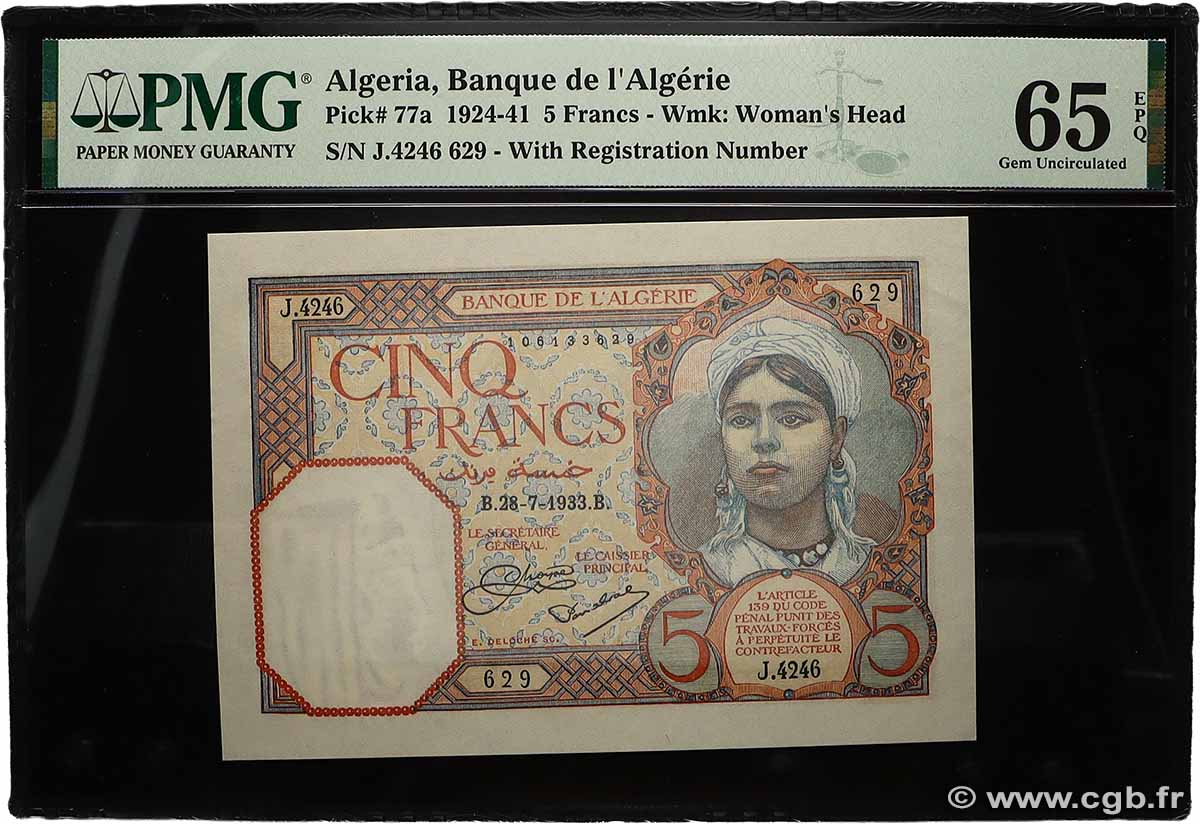 5 Francs ALGERIEN 1933 P.077a ST