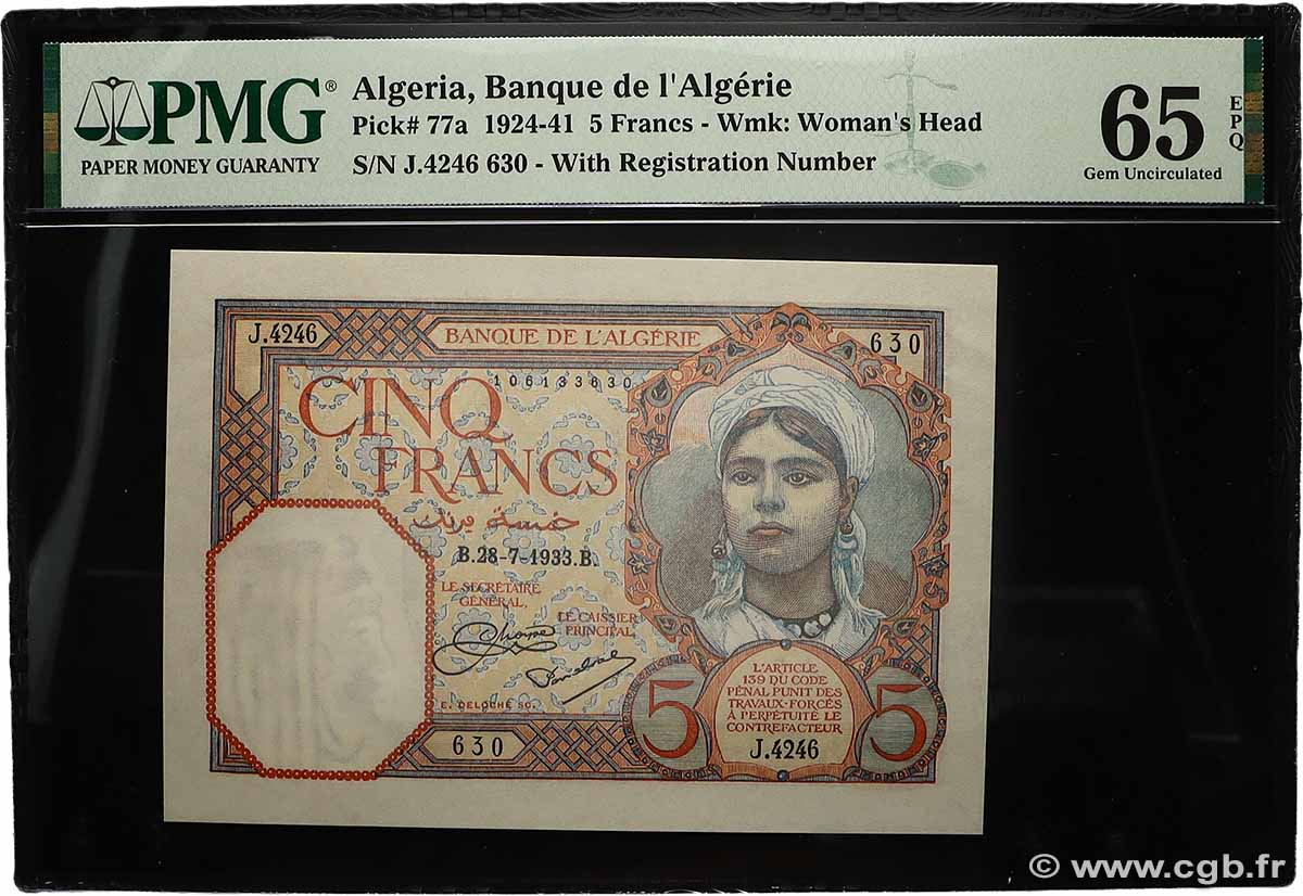 5 Francs ALGERIEN 1933 P.077a ST