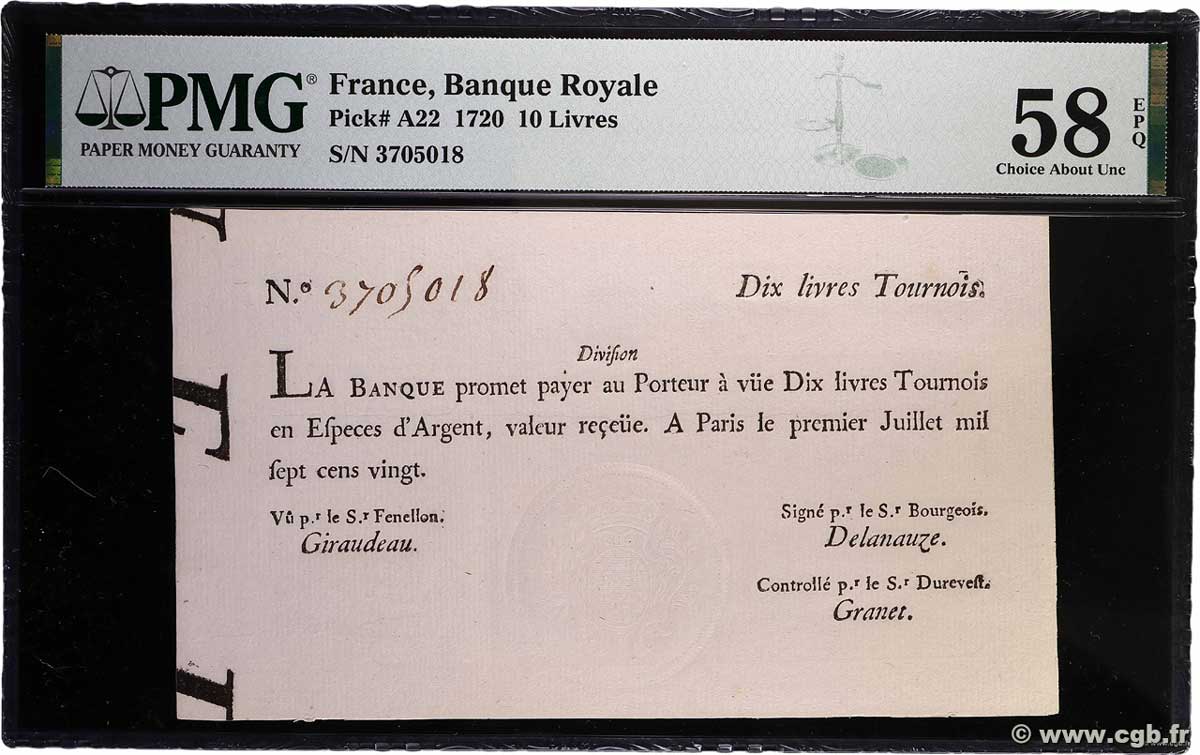 10 Livres Tournois typographié FRANCE 1720 Dor.22 AU