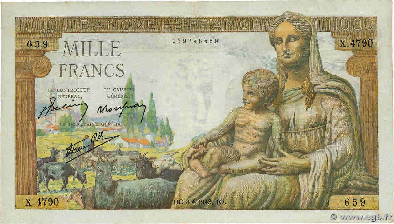 1000 Francs DÉESSE DÉMÉTER FRANCE 1943 F.40.21 TB+