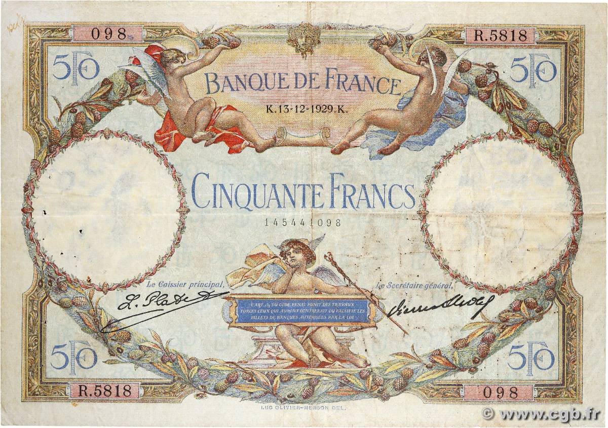 50 Francs LUC OLIVIER MERSON FRANCE 1929 F.15.03 B+