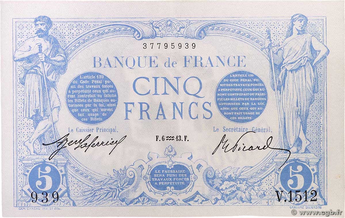 5 Francs BLEU Numéro radar FRANCIA 1913 F.02.13 AU