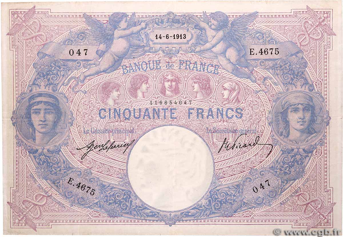 50 Francs BLEU ET ROSE FRANCE 1913 F.14.26 VF