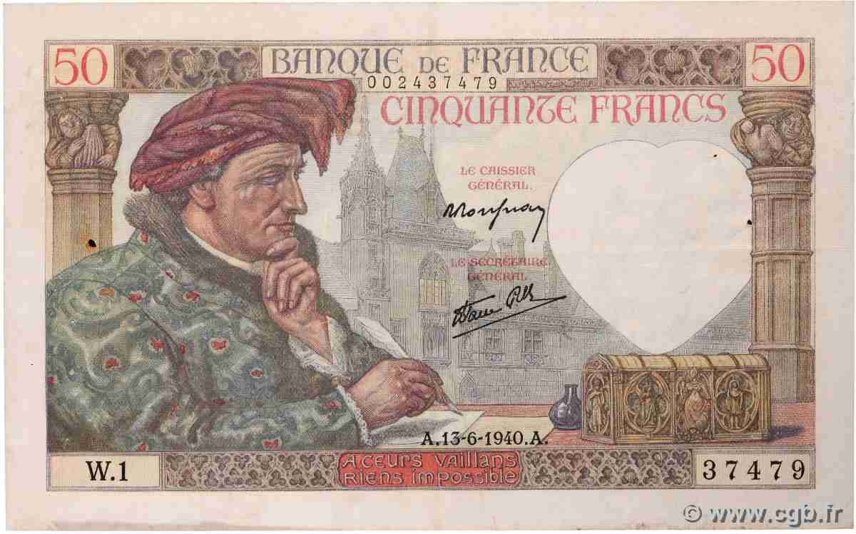 50 Francs JACQUES CŒUR FRANCE 1940 F.19.01 VF