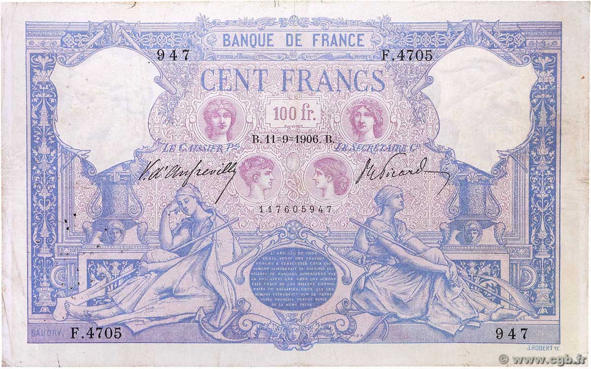 100 Francs BLEU ET ROSE FRANCE 1906 F.21.20 F