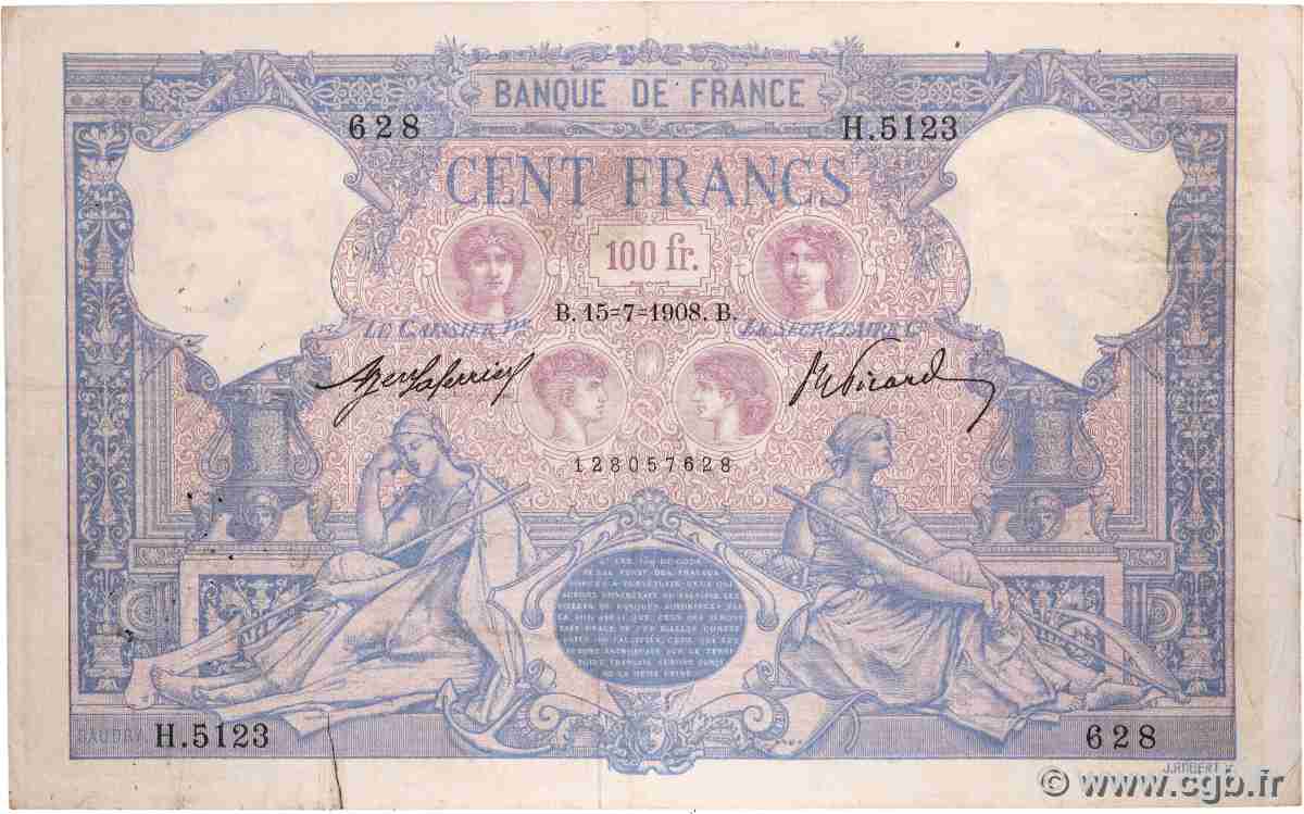 100 Francs BLEU ET ROSE FRANCE 1908 F.21.23 F