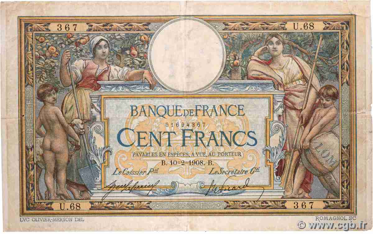 100 Francs LUC OLIVIER MERSON avec LOM FRANCE 1908 F.22.01 VG