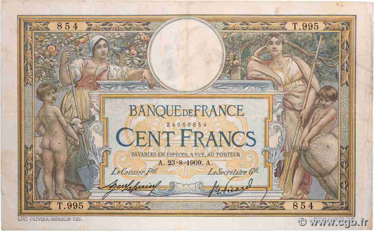 100 Francs LUC OLIVIER MERSON sans LOM FRANCE 1909 F.23.01 F+