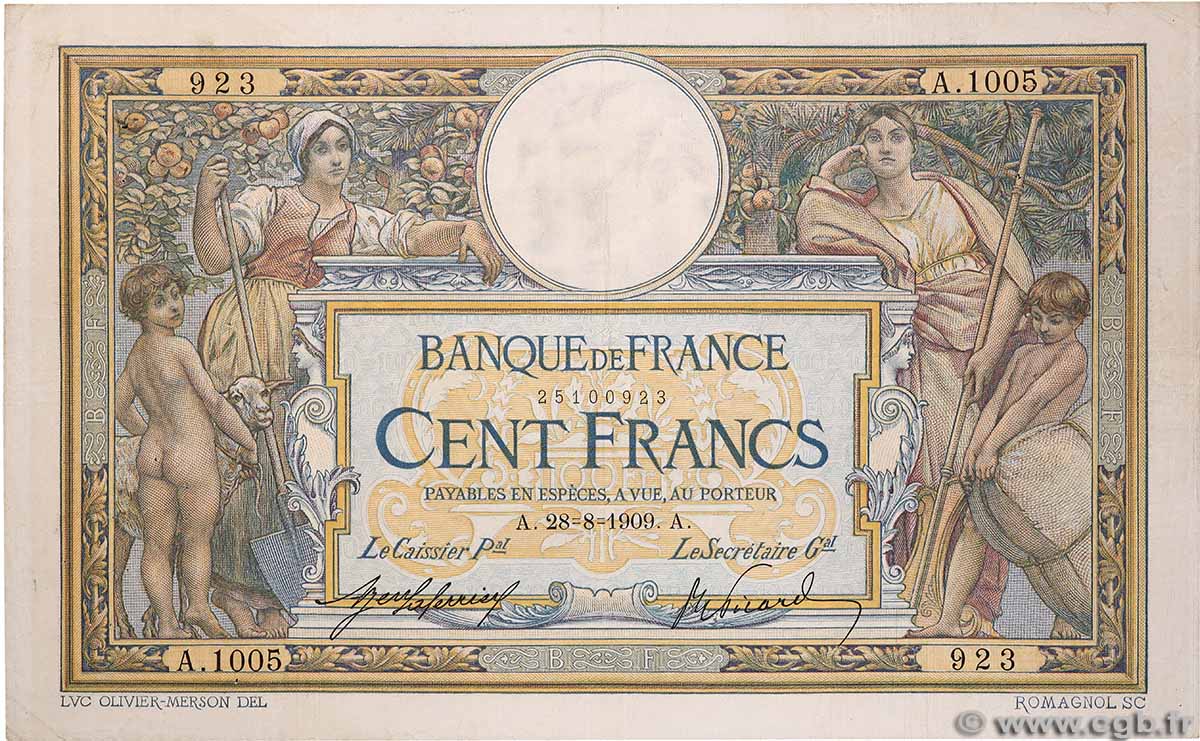 100 Francs LUC OLIVIER MERSON sans LOM FRANCE 1909 F.23.01 TB