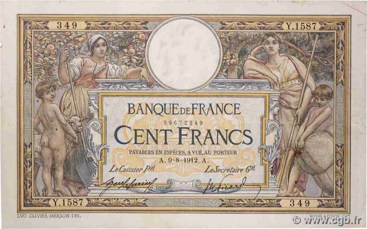100 Francs LUC OLIVIER MERSON sans LOM FRANCE 1912 F.23.04 TB