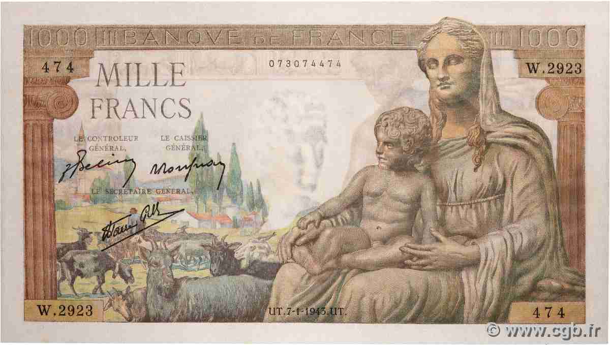 1000 Francs DÉESSE DÉMÉTER FRANCE 1943 F.40.15 UNC-