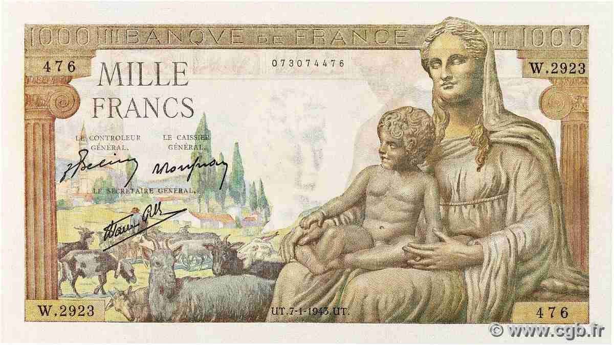 1000 Francs DÉESSE DÉMÉTER FRANCE 1943 F.40.15 UNC-