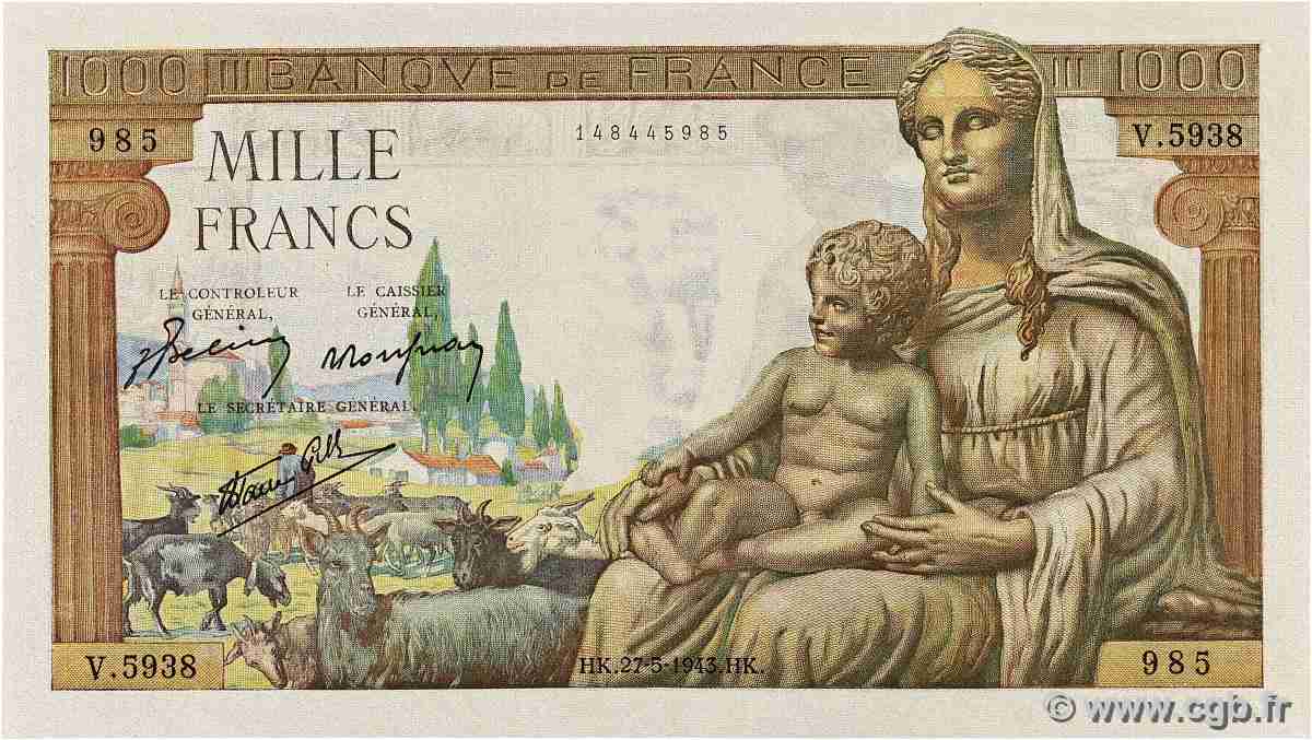 1000 Francs DÉESSE DÉMÉTER FRANCE 1943 F.40.25 UNC-