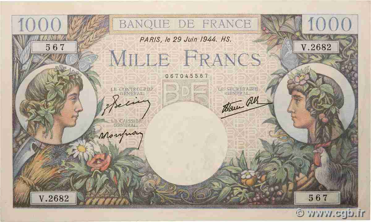 1000 Francs COMMERCE ET INDUSTRIE FRANCE 1944 F.39.09 AU-