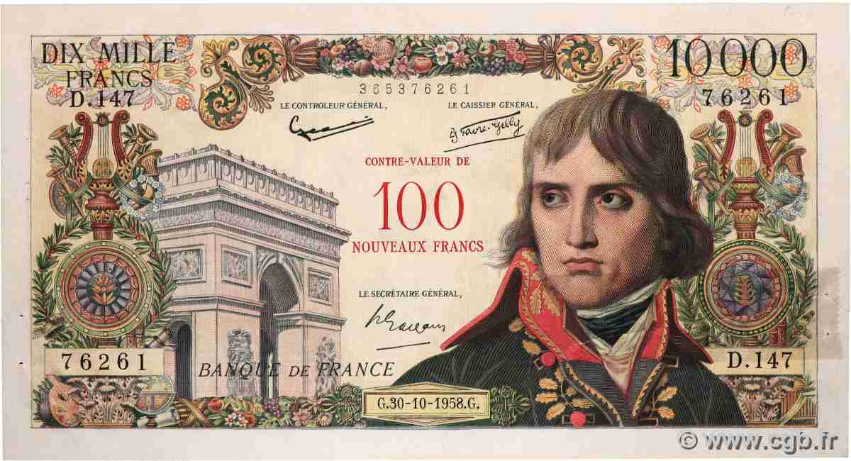 100 NF sur 10000 Francs BONAPARTE FRANCE 1958 F.55.01 VF