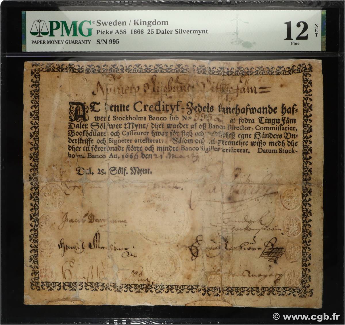 25 Daler Silvermynt SWEDEN  1666 P.A058 VG