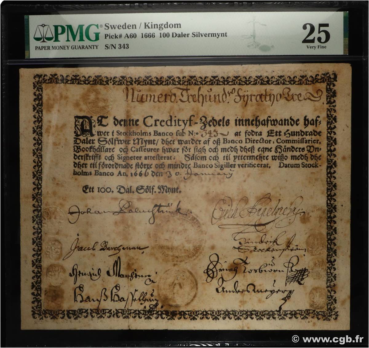 100 Daler Silvermynt SWEDEN  1666 P.A060 VF