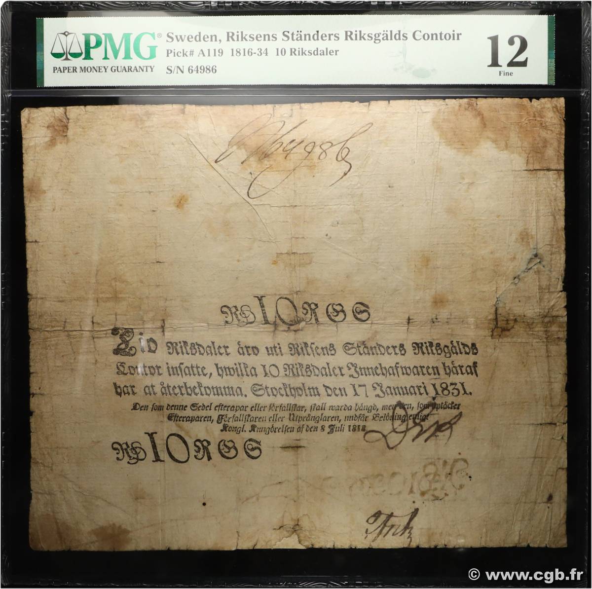 10 Riksdaler SWEDEN  1831 P.A119 VG