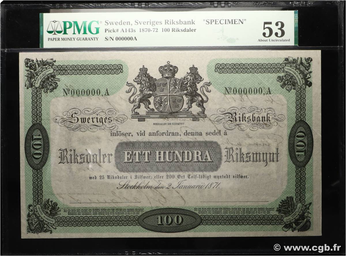 100 Riksdaler Spécimen SWEDEN  1871 P.A143s AU-