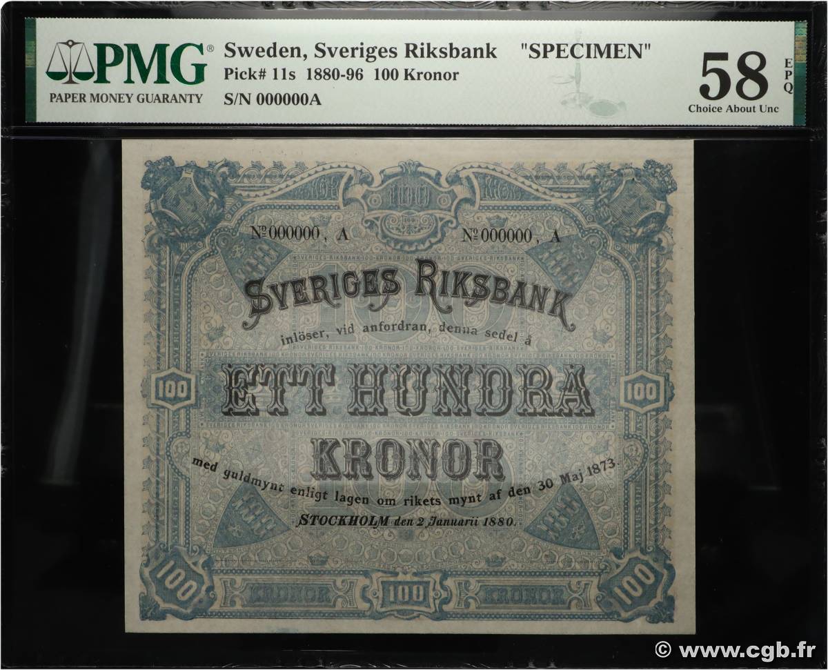 100 Kronor Spécimen SWEDEN  1880 P.11s AU