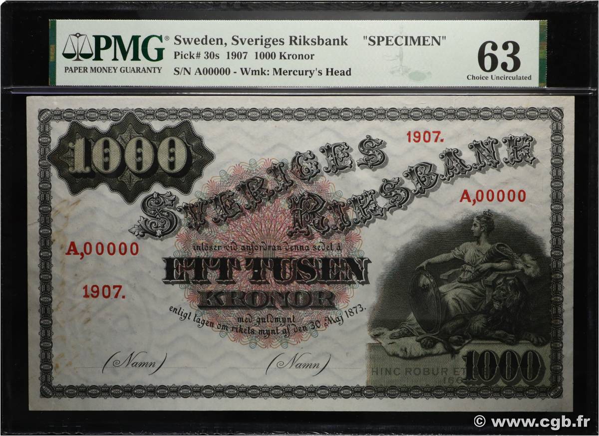 1000 Kronor Spécimen SWEDEN  1907 P.30s UNC-
