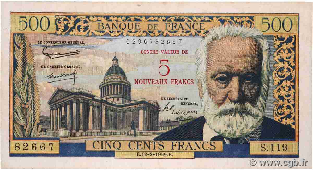 5 NF sur 500 Francs Victor HUGO FRANCE 1959 F.52.02 F+
